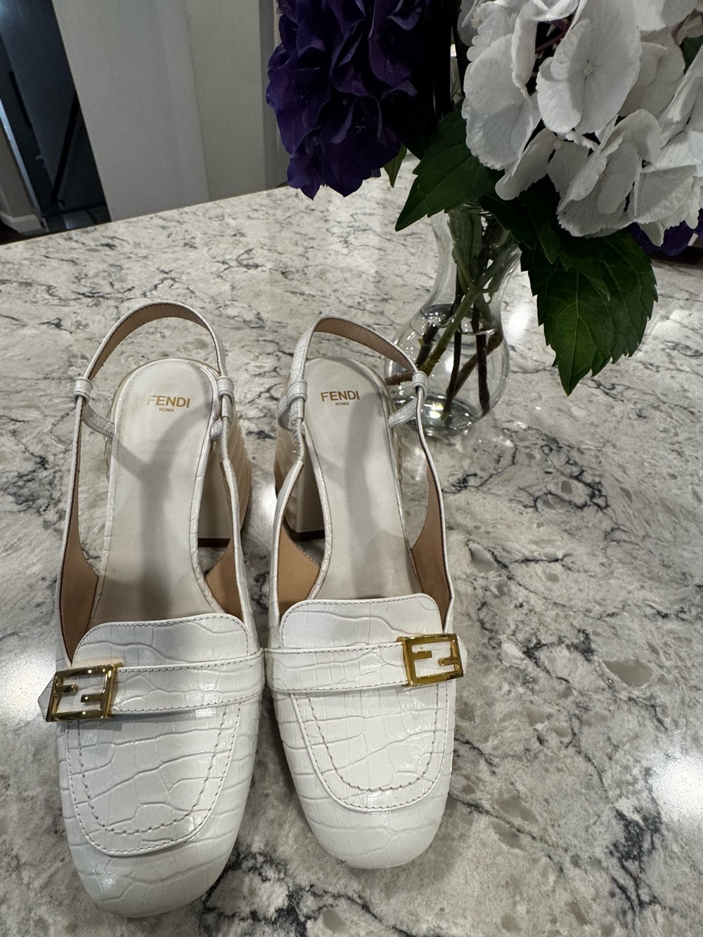 women FENDI Calfskin Crocodile Embossed Promenade Slingback Block Heel Sandal 37